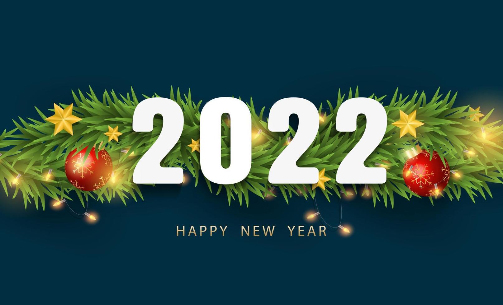prettige kerstdagen en gelukkig nieuwjaar 2022. realistische 3d glanzende ster, takken, kerstballen en licht op donkere achtergrond met wit nummerontwerp. vector illustratie