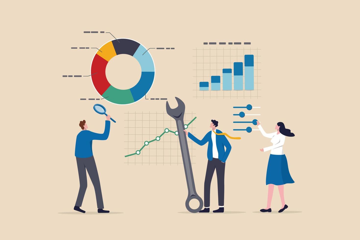 gegevensanalyse en optimalisatie voor seo, gebruikers- en klantgedrag van marktonderzoek, analyse van investeringstrendconcept, zakenmensen met vergrootglas en optimalisatietools om grafieken en diagrammen te analyseren. vector