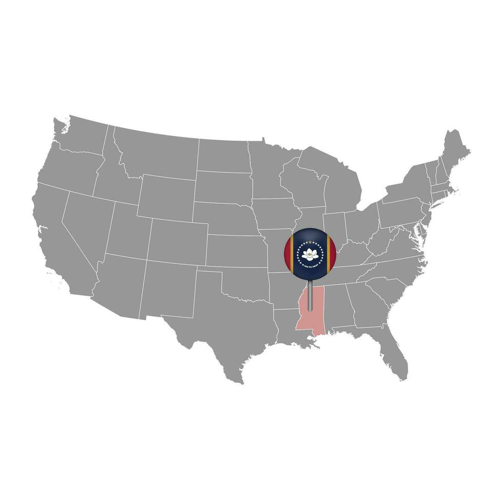 kaart wijzer met vlag van Mississippi. vector illustratie.