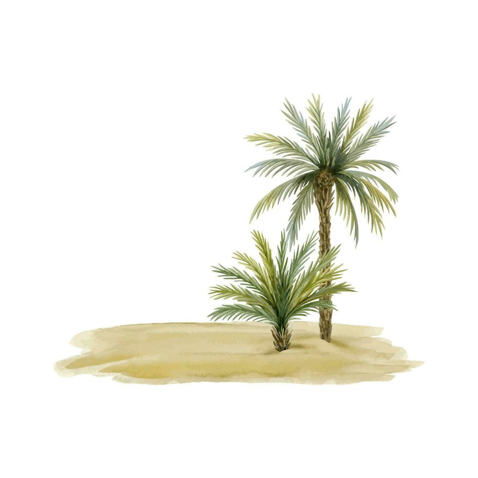 palm bomen Aan strand zand landschap waterverf vector illustratie sjabloon. hand- getrokken zomer vakantie Aan woestijn eiland