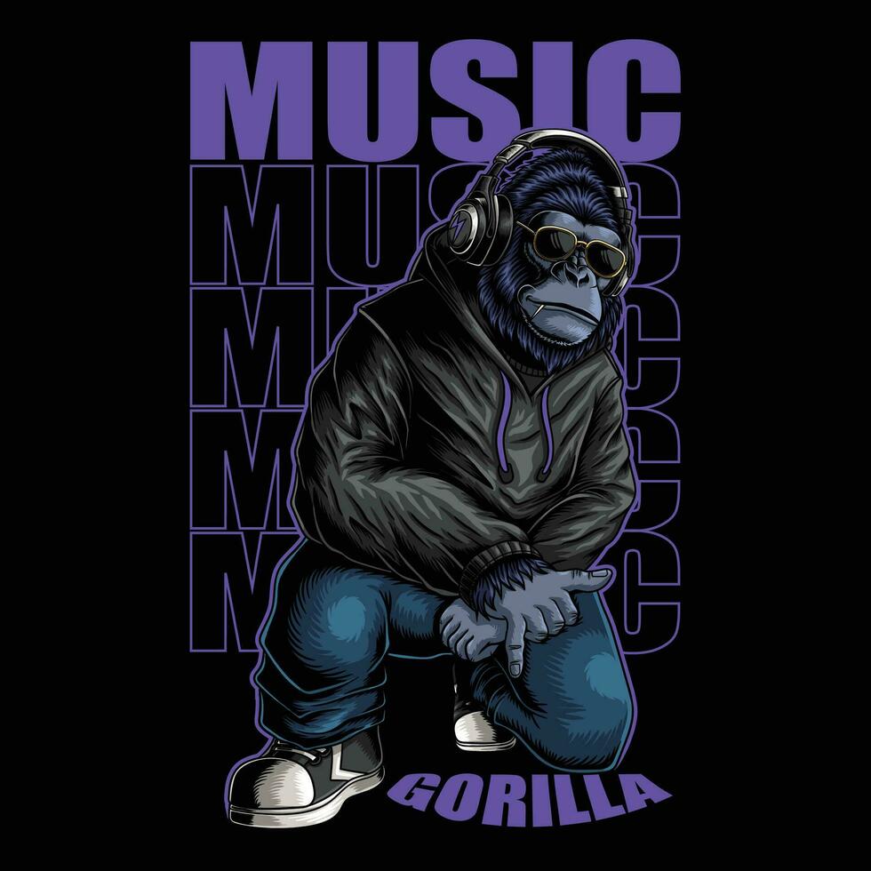 gorilla karakter vervelend een koptelefoon hiphop stijl vector illustratie