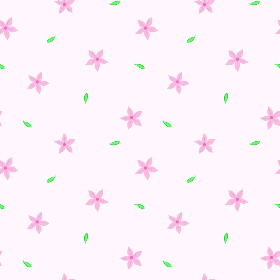 naadloos patroon met schattig roze bloem met vijf bloemblaadjes en klein groen bladeren. vector ontwerp voor afdrukken, omhulsel papier, geschenk, of textiel.