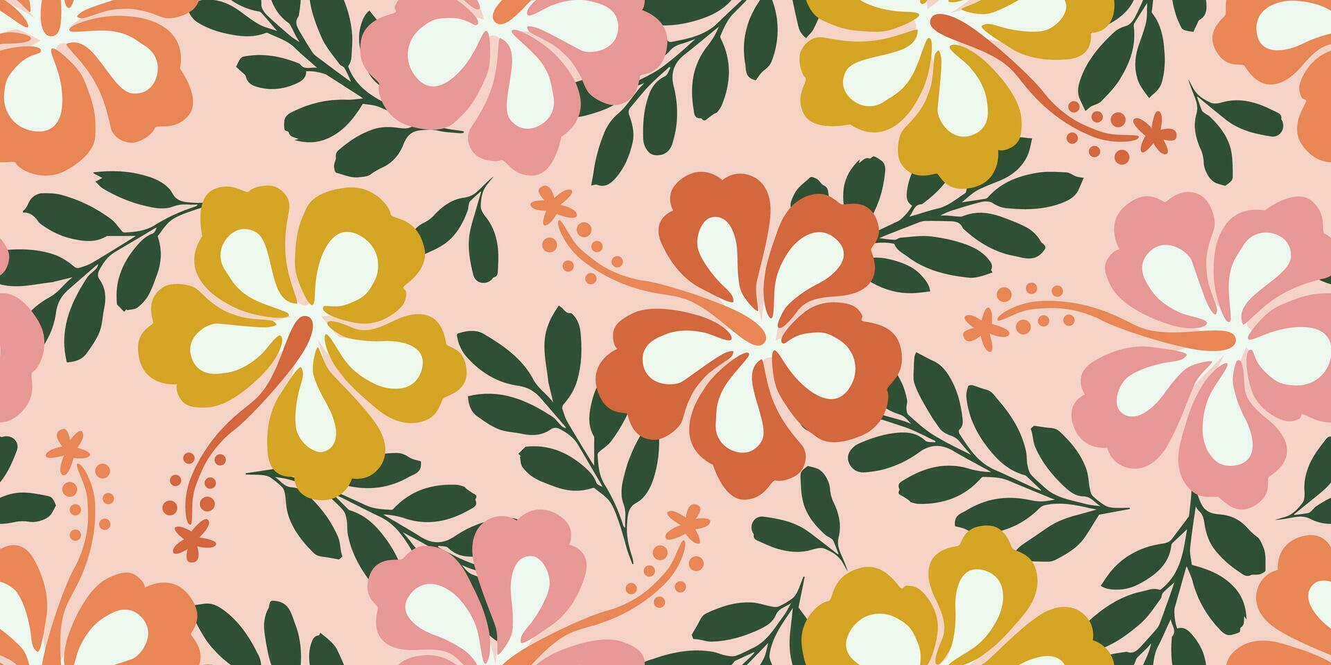 tropisch bloem patroon naadloos, silhouet van hibiscus bloemen, hand- getrokken botanisch, bloemen blad voor voorjaar en zomer tijd, natuurlijk ornamenten voor textiel, kleding stof, behang, achtergrond ontwerp. vector
