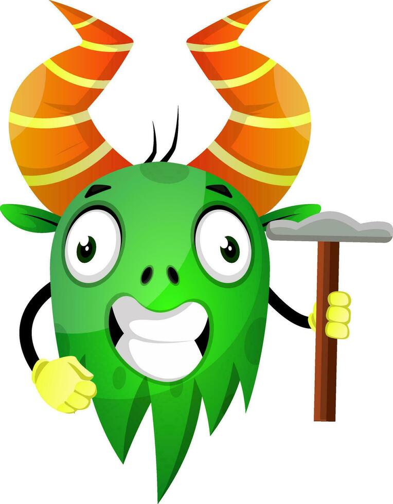 gek groen monster Holding een hamer, illustratie, vector Aan wit achtergrond.