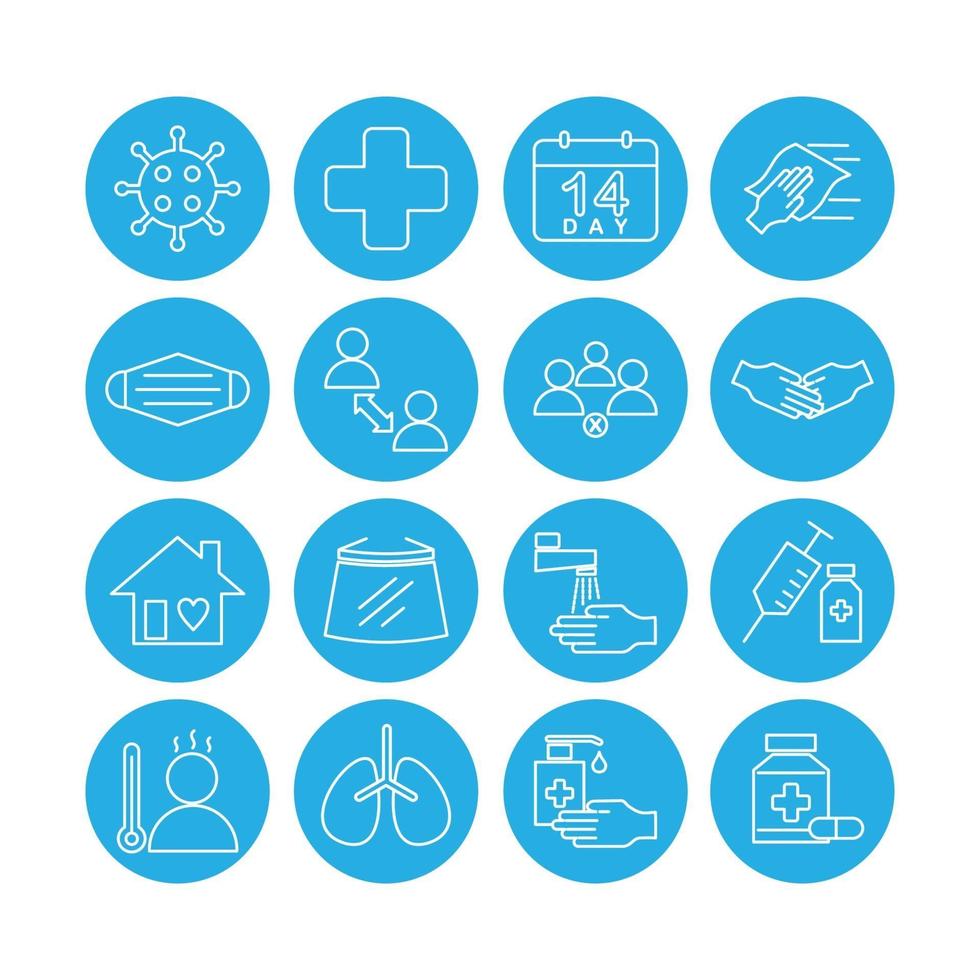 icon set van corona virus preventie. pictogram in blauwe en witte stijl. vector