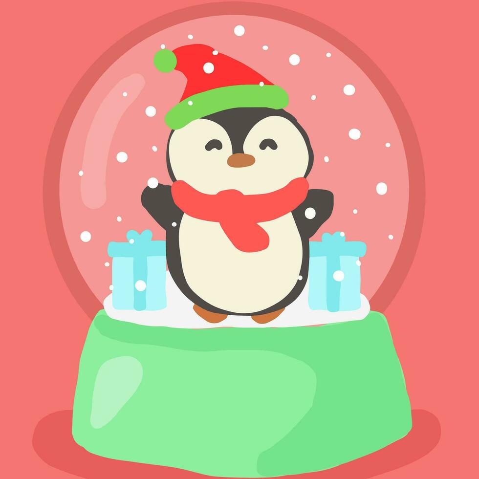 Kerstmis glas sneeuw bal pinguïn lijn kunst tekening vector