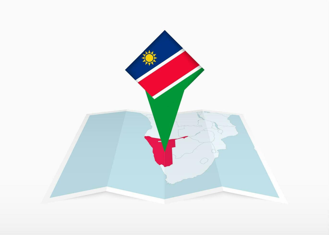 Namibië is afgebeeld Aan een gevouwen papier kaart en vastgemaakt plaats markeerstift met vlag van Namibië. vector