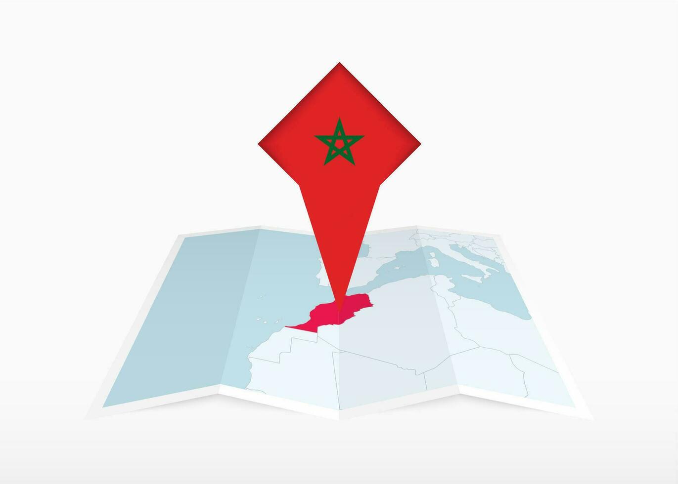 Marokko is afgebeeld Aan een gevouwen papier kaart en vastgemaakt plaats markeerstift met vlag van Marokko. vector