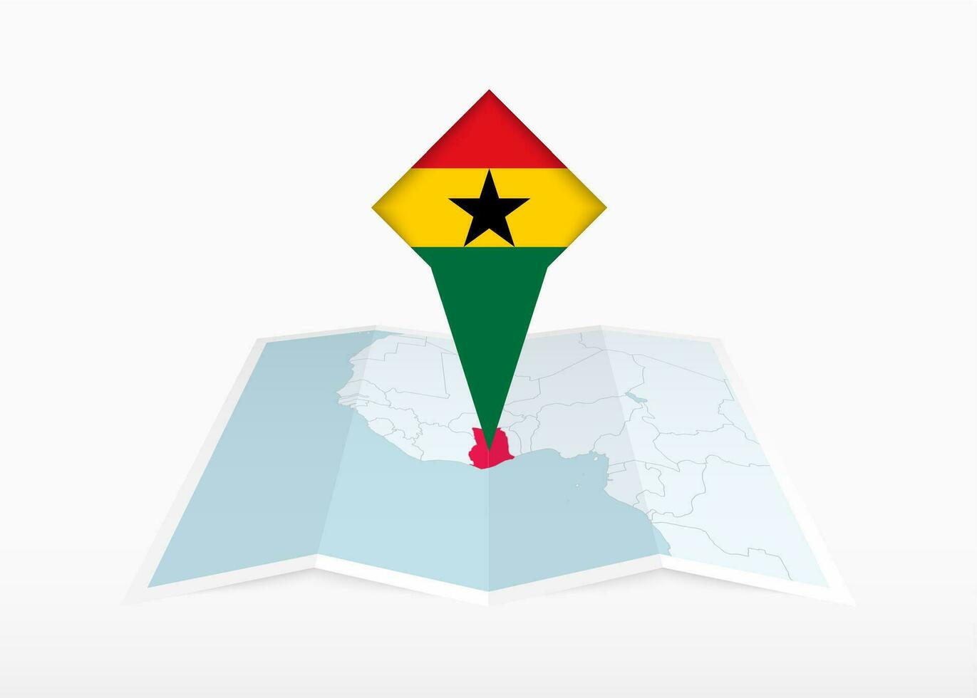 Ghana is afgebeeld Aan een gevouwen papier kaart en vastgemaakt plaats markeerstift met vlag van Ghana. vector