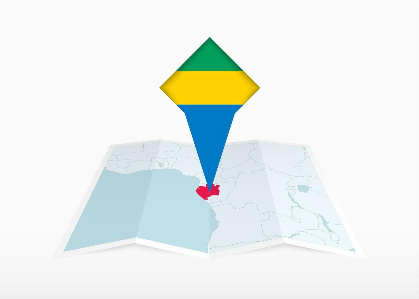 Gabon is afgebeeld Aan een gevouwen papier kaart en vastgemaakt plaats markeerstift met vlag van Gabon. vector