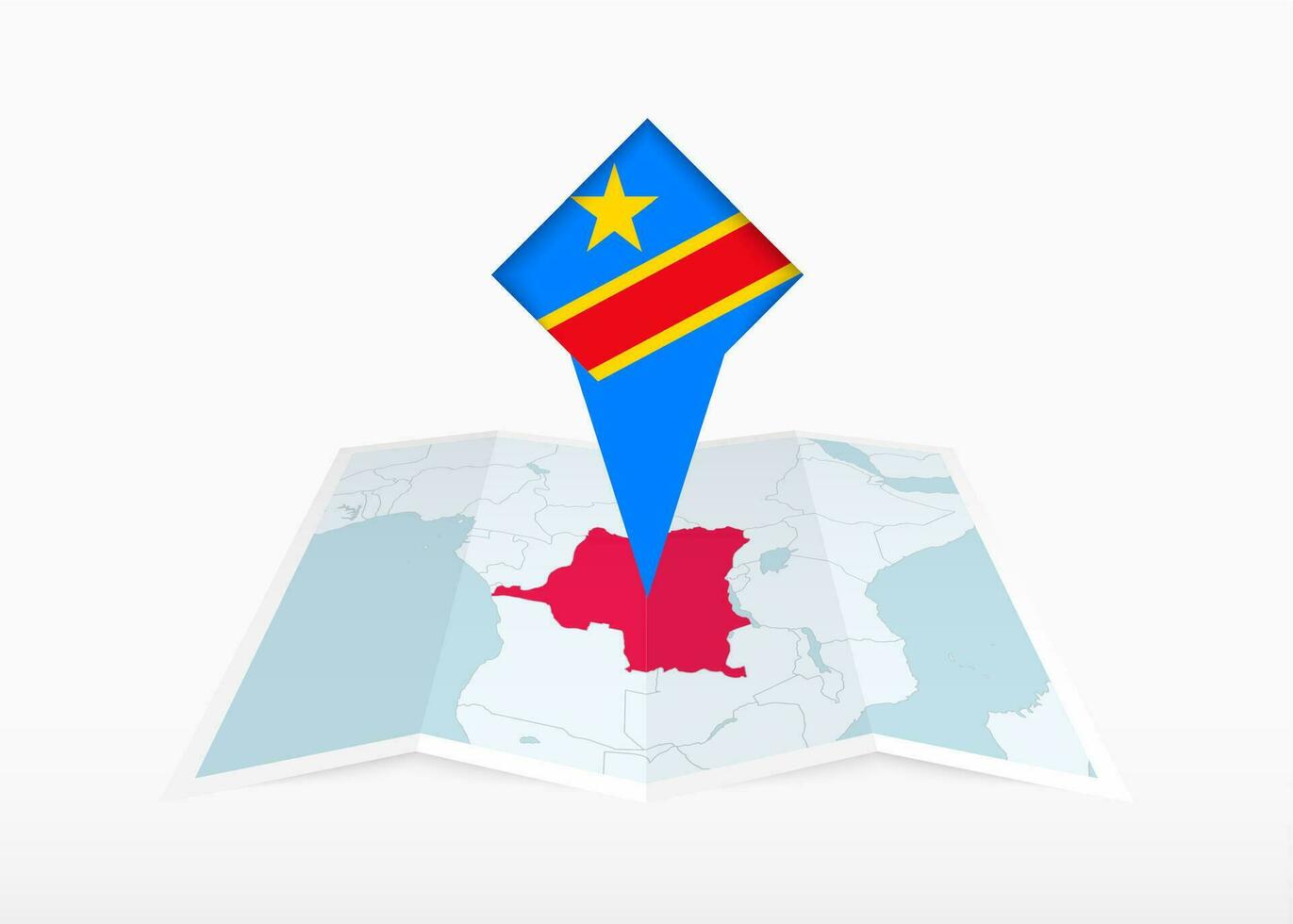 dr Congo is afgebeeld Aan een gevouwen papier kaart en vastgemaakt plaats markeerstift met vlag van dr Congo. vector