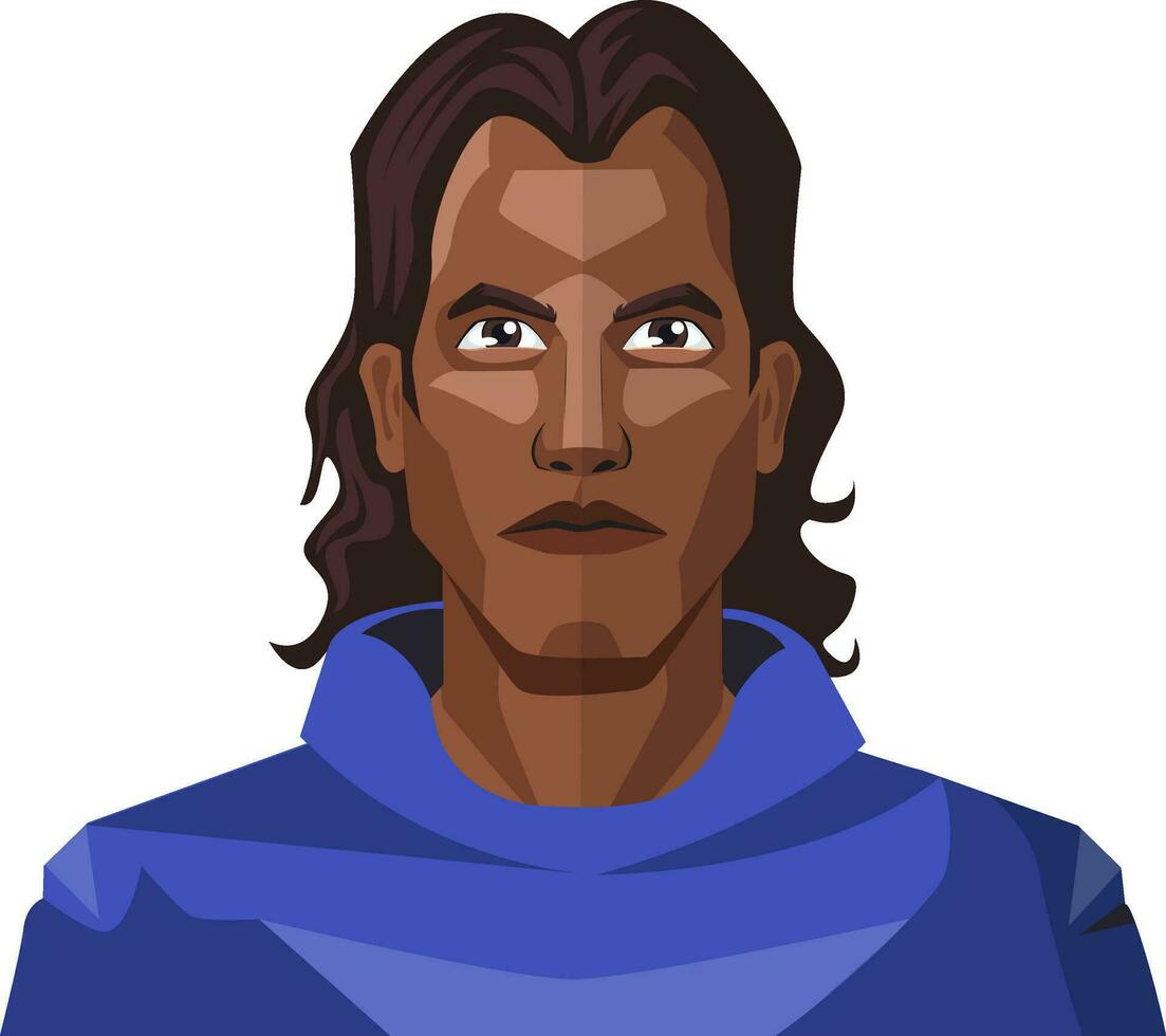 Mens met een lang zwart haar- en blauw hoody illustratie vector Aan wit achtergrond