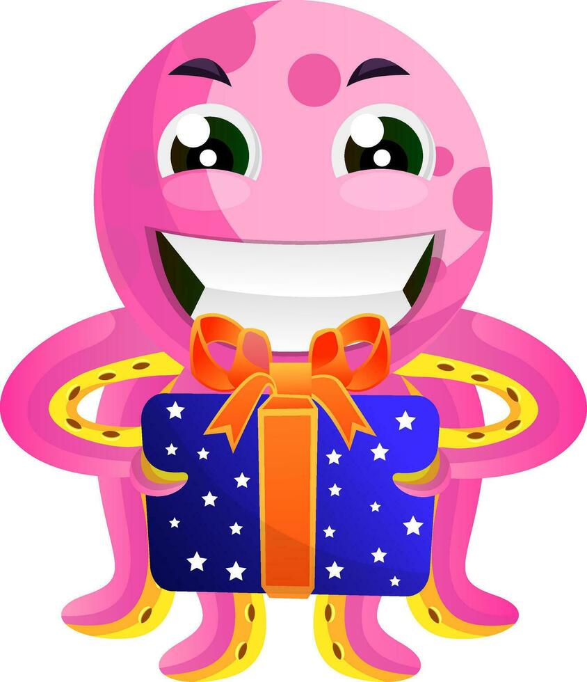 roze Octopus met een Cadeau illustratie vector Aan wit achtergrond