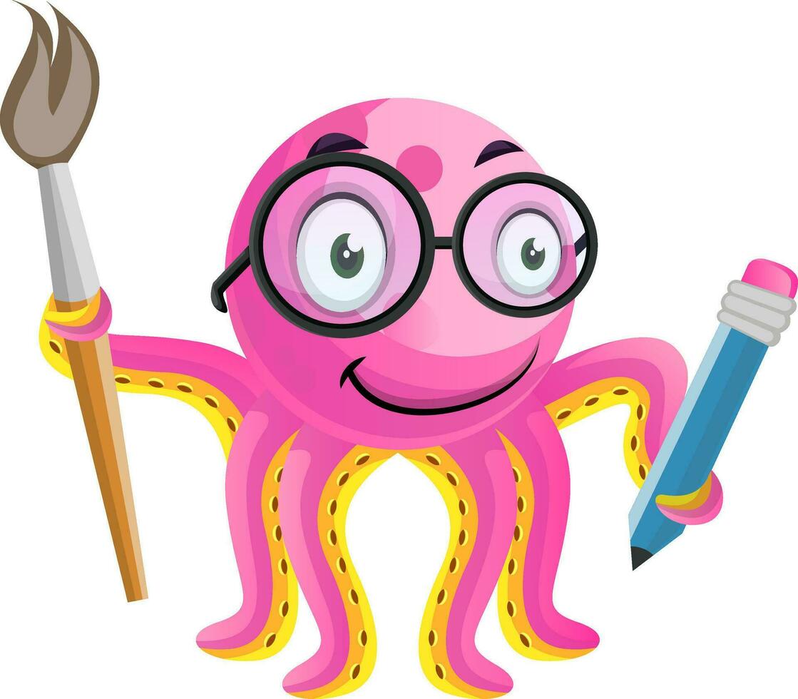 artistiek Octopus met potlood en borstel in hand- illustratie vector Aan wit achtergrond