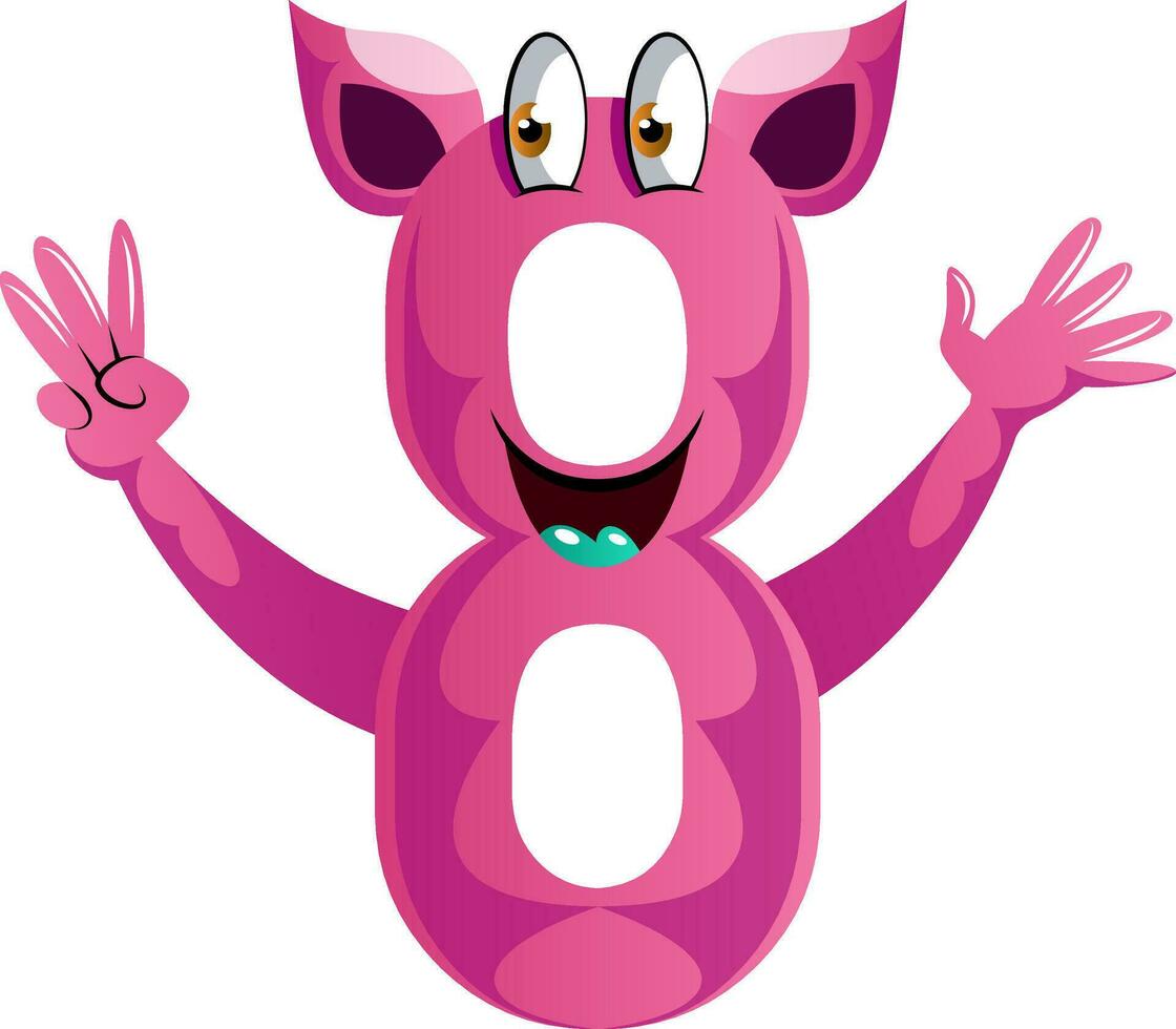roze monster in aantal acht vorm met handen omhoog illustratie vector Aan wit achtergrond