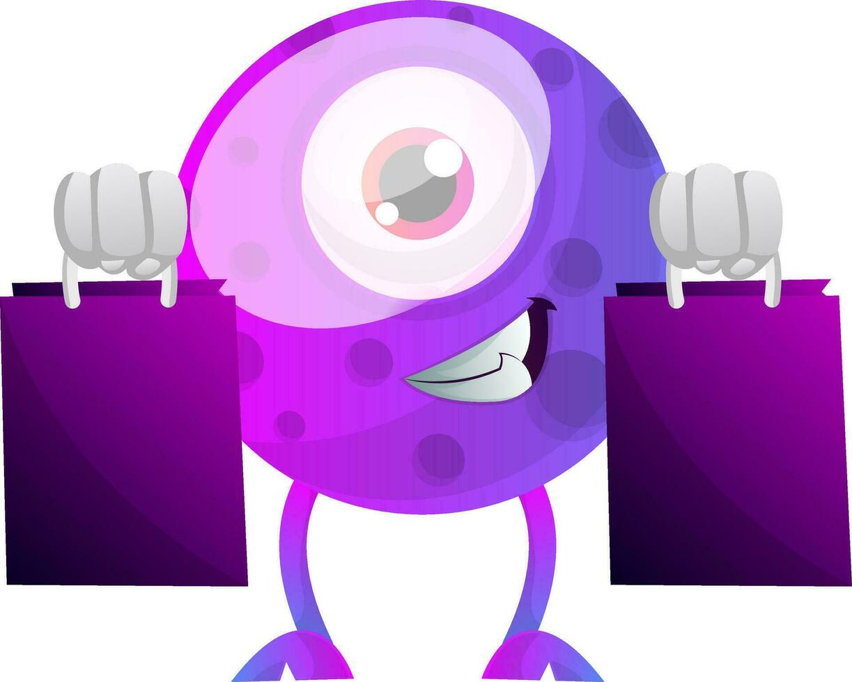 Purper monster met boodschappen doen Tassen illustratie vector Aan wit achtergrond