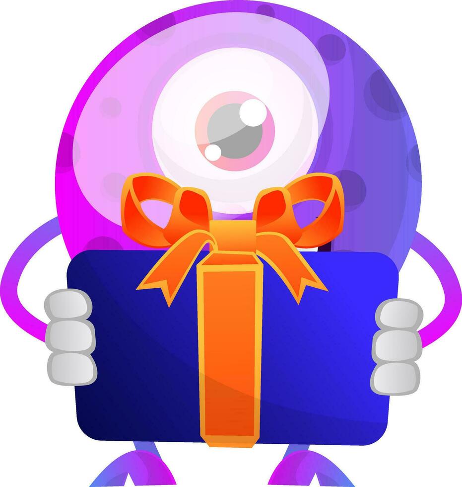 Purper monster Holding een geschenk pak illustratie vector Aan wit achtergrond