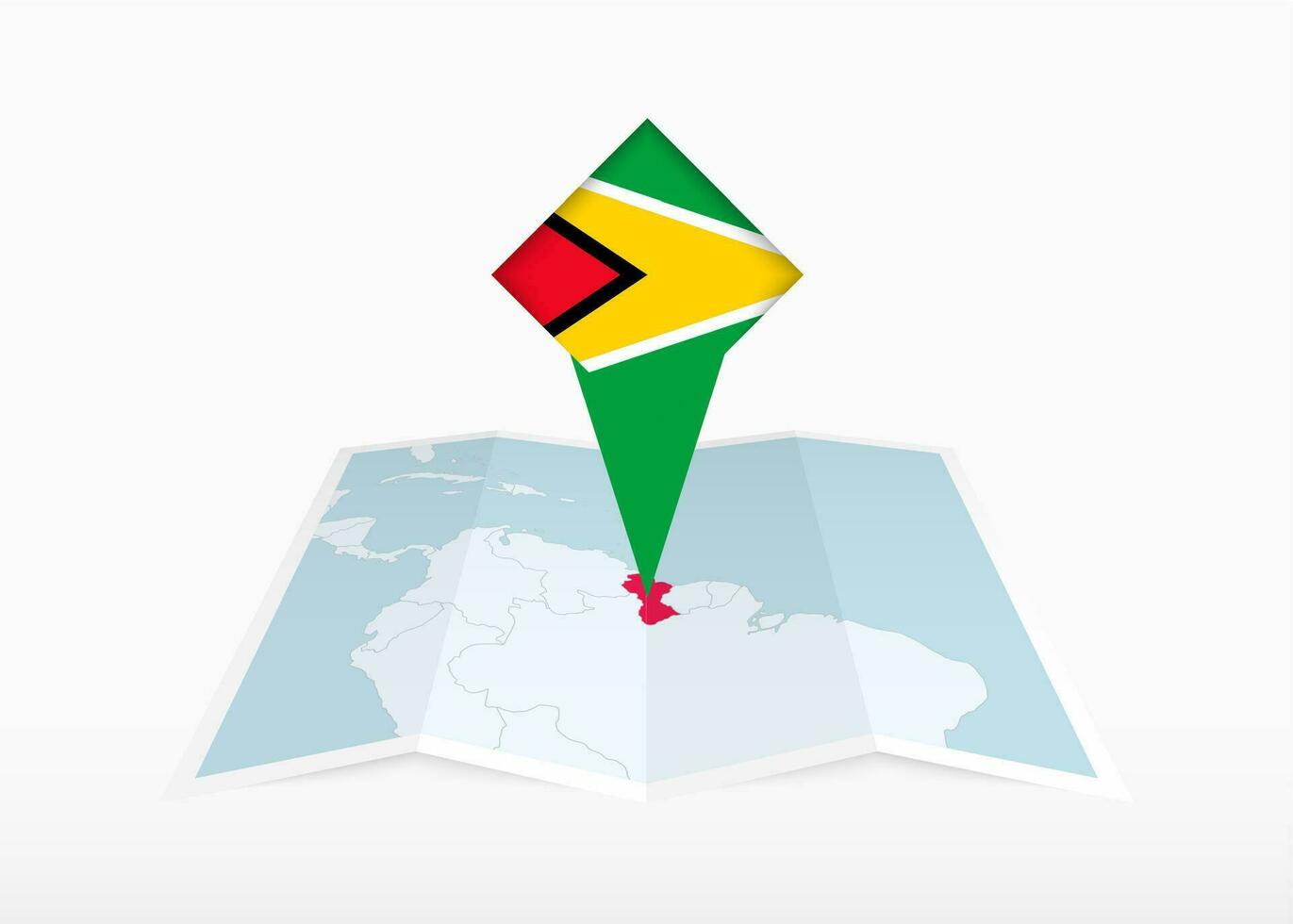 Guyana is afgebeeld Aan een gevouwen papier kaart en vastgemaakt plaats markeerstift met vlag van guyana. vector