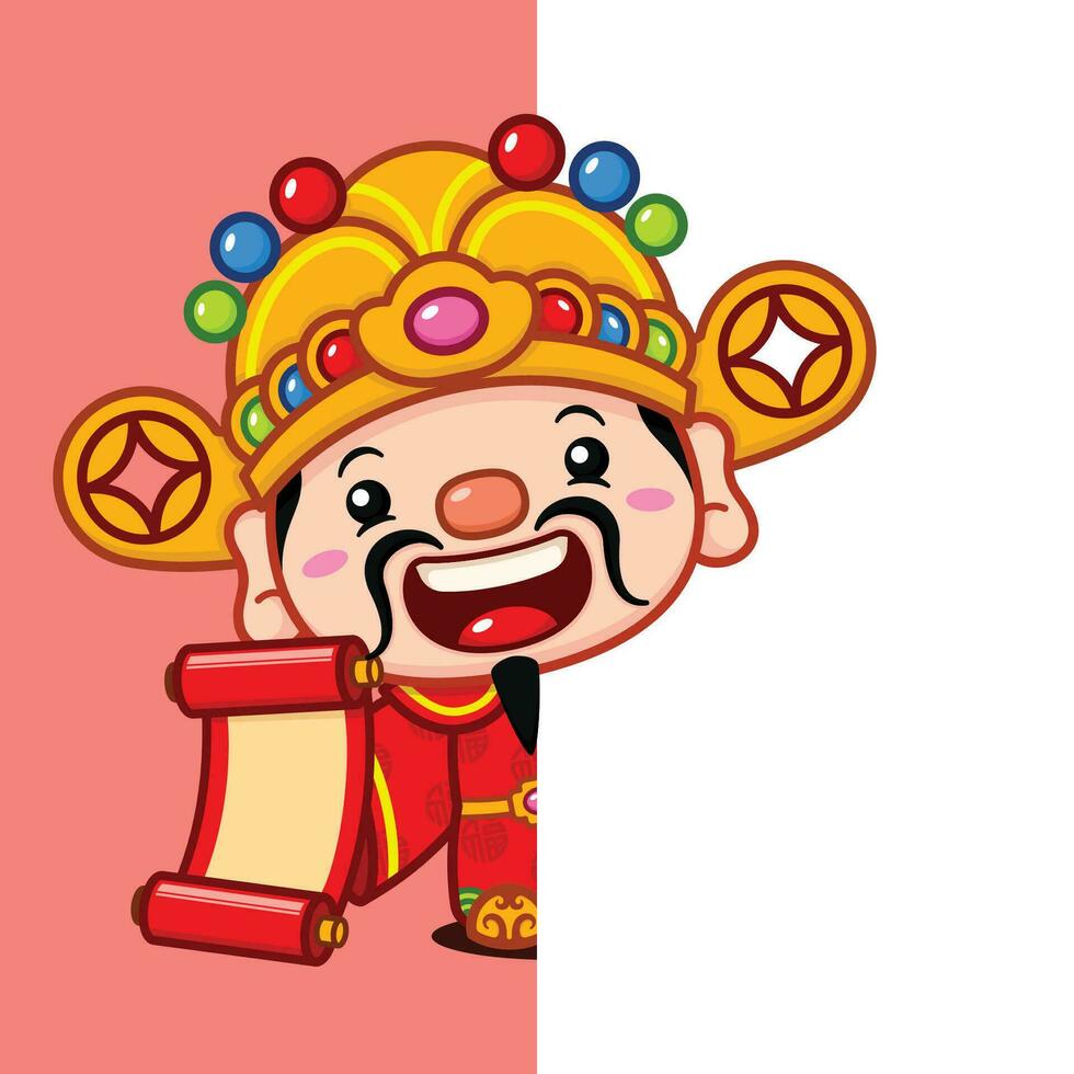 schattig Chinese nieuw jaar fortuin god Holding rol banier achter een muur vector