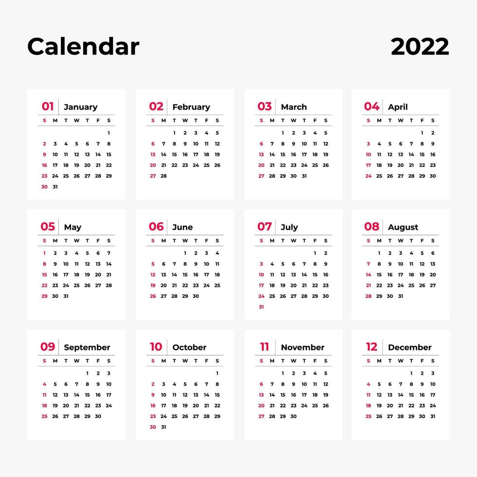 kalender 2022, 12 maanden in schone, minimale tafel eenvoudige stijl. vector