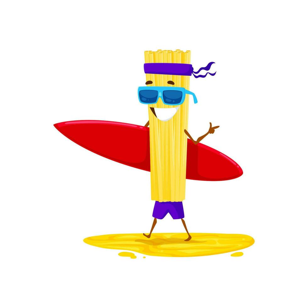 tekenfilm surfer pasta karakter met surfboard vector