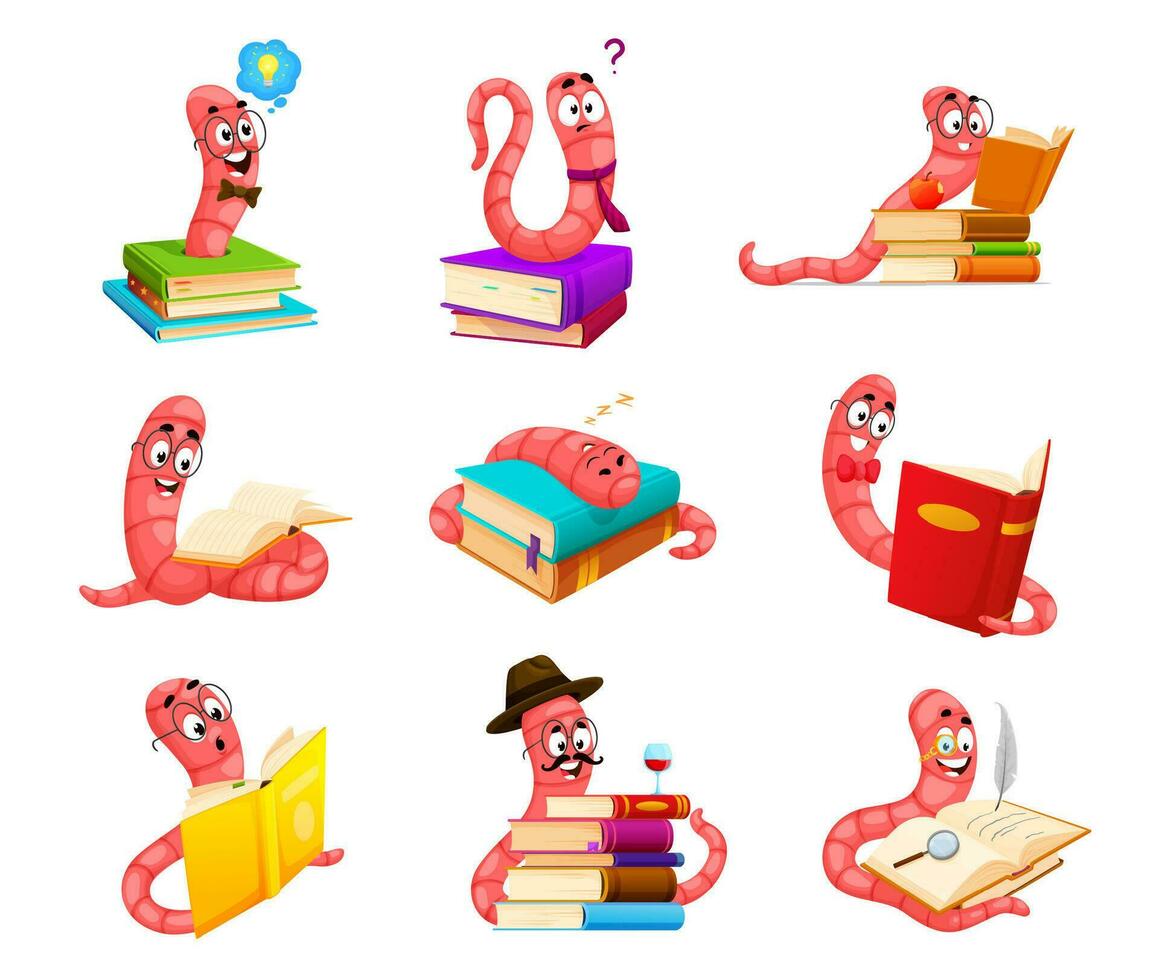tekenfilm boekenwurm karakters. grappig schattig boek wormen vector