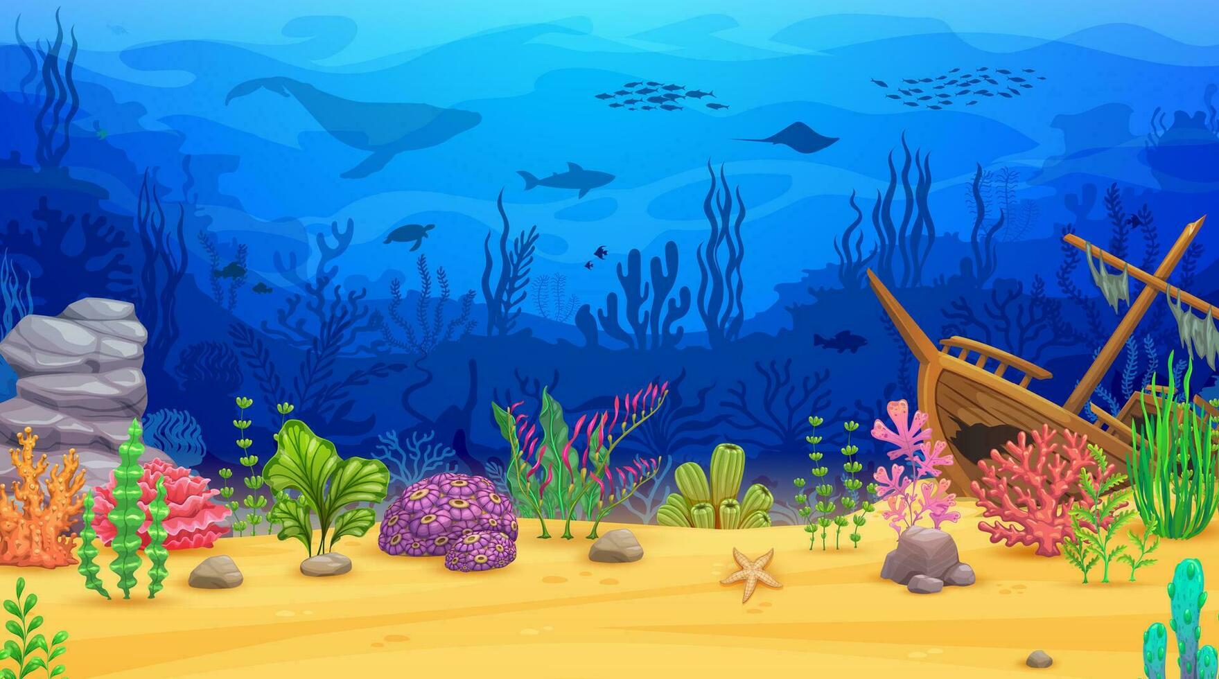 tekenfilm gezonken schip, dieren, onderwater- landschap vector