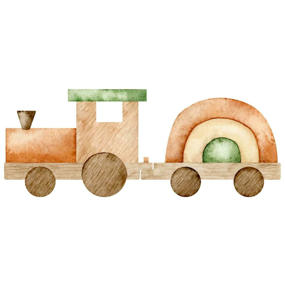 waterverf illustratie eco baby speelgoed. kinderkamer decor, hout trein. vector