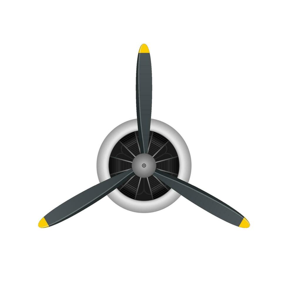 vlak blad propeller geïsoleerd Aan wit achtergrond. wijnoogst vliegtuig propeller met radiaal motor. turbine icoon, ventilator blad, wind ventilator, uitrusting generator. vector illustratie.