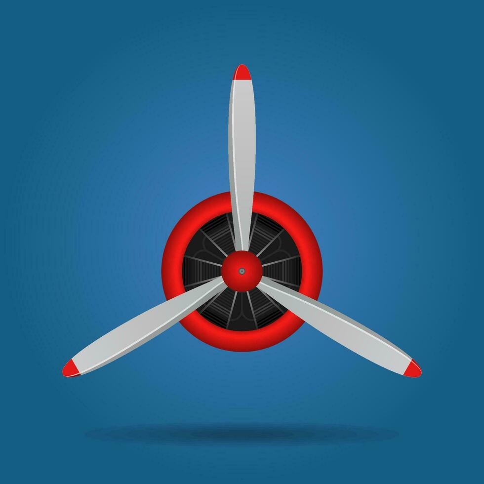 vlak blad propeller geïsoleerd Aan blauw achtergrond. wijnoogst vliegtuig propeller met radiaal motor. turbine icoon, ventilator blad, wind ventilator, uitrusting generator. vector illustratie.