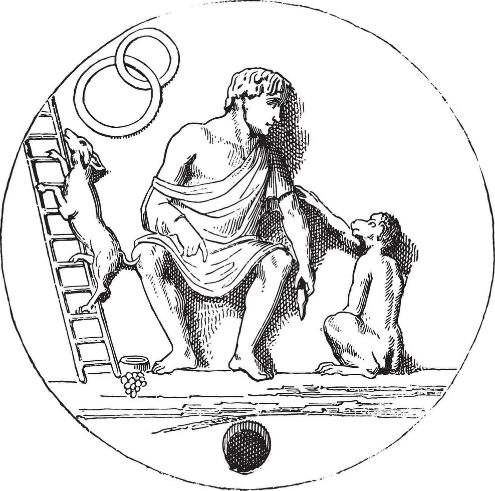 aap en hond getraind door een jongleur, wijnoogst gravure. vector
