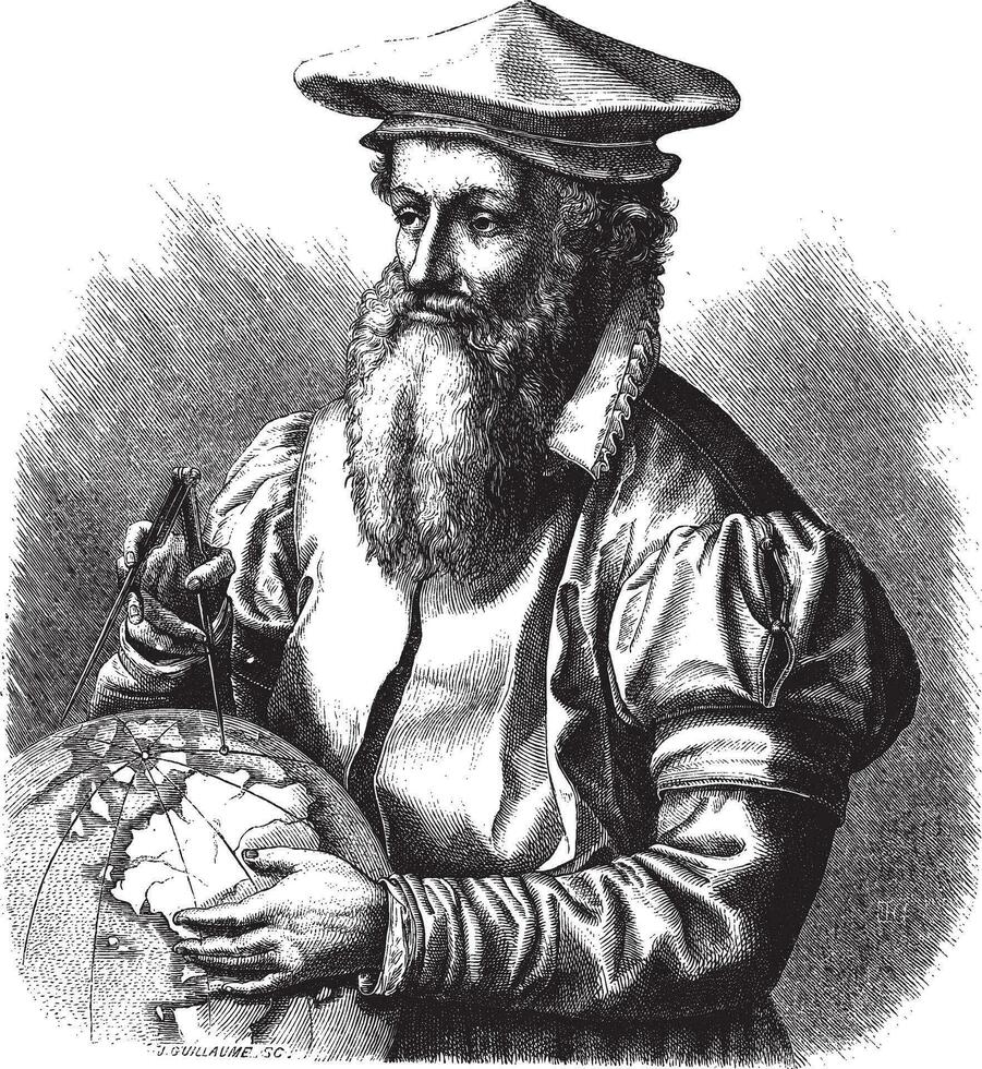 gerard Mercator, wijnoogst gravure. vector