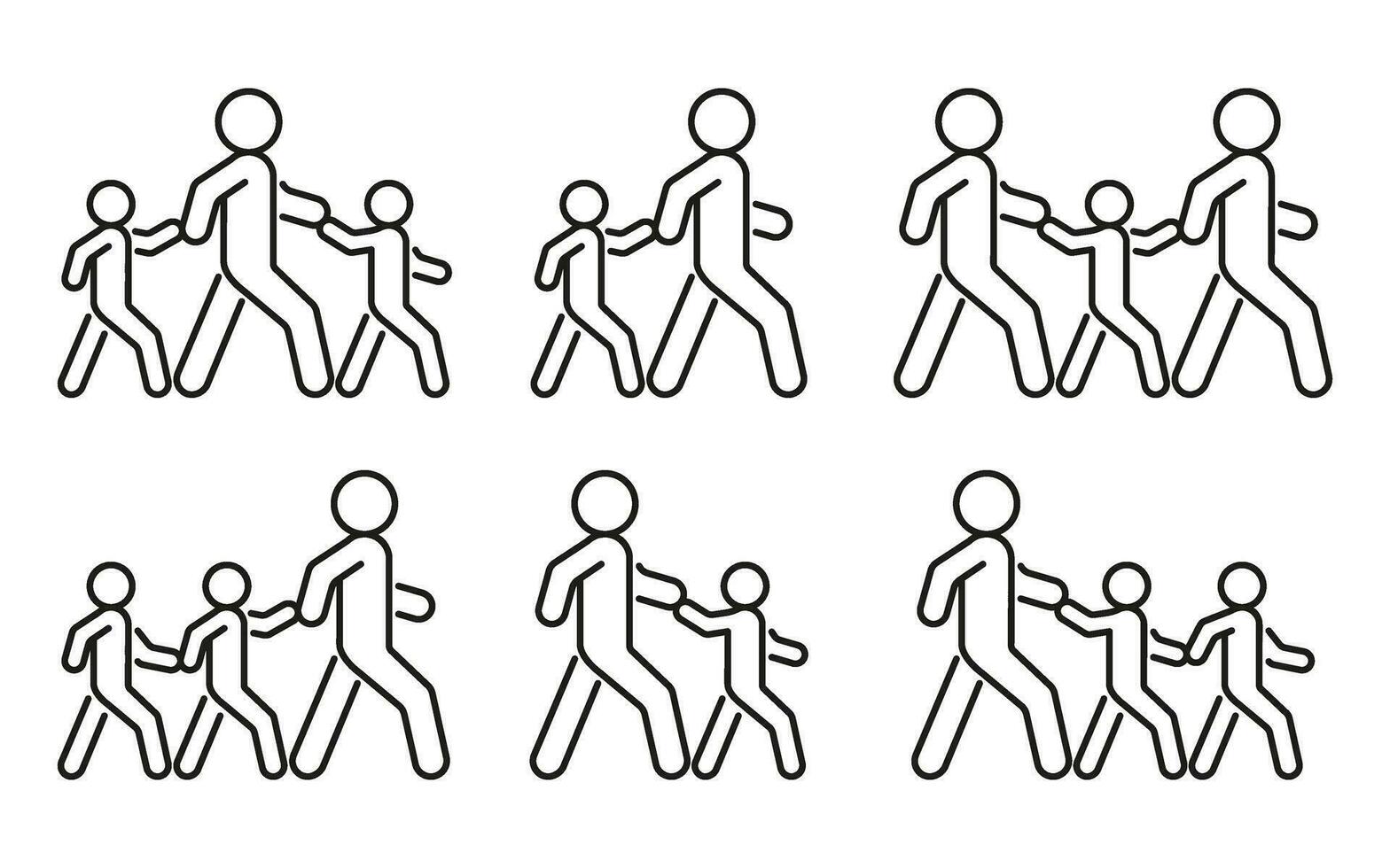 voetganger volwassen persoon en kinderen wandelen, escort houden hand, lijn icoon set. veilig kruis weg en wandelen symbool. vector schets illustratie