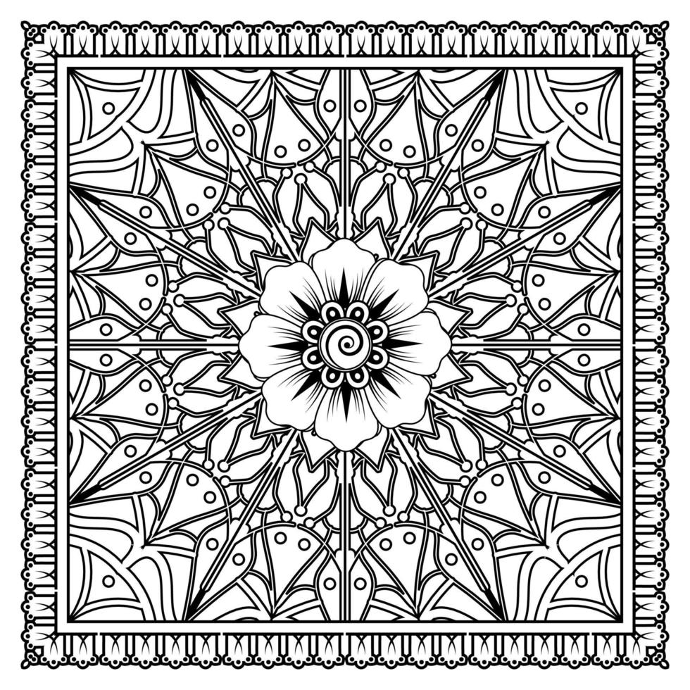 schets vierkant bloemenpatroon in mehndi-stijl voor het kleuren van de boekpagina vector