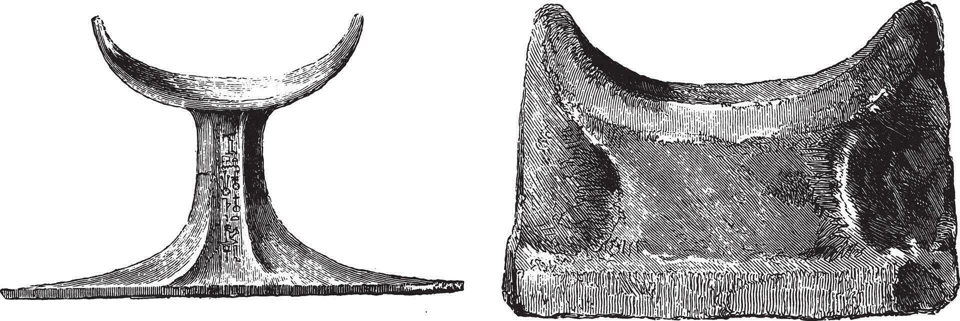 Egyptische kussens in ivoor, steen en hout, bewaard gebleven in de louvre, wijnoogst gravure. vector