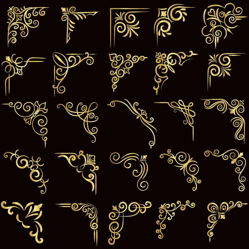 goud vector illustratie van decoratief hoek kader set. hand- trek van hoeken verschillend vormen gouden hoek kader wijnoogst kader decoratie, goud bloemen ornamenten.