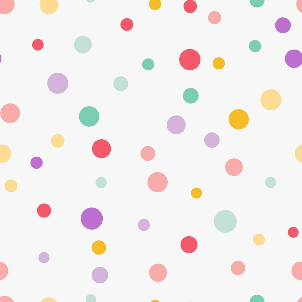 gemakkelijk minimalistisch naadloos patroon, speels hand- getrokken schattig dots van verschillend kleuren en maten Aan een wit achtergrond. suiker hagelslag Aan een donut, confetti, koekje. vector