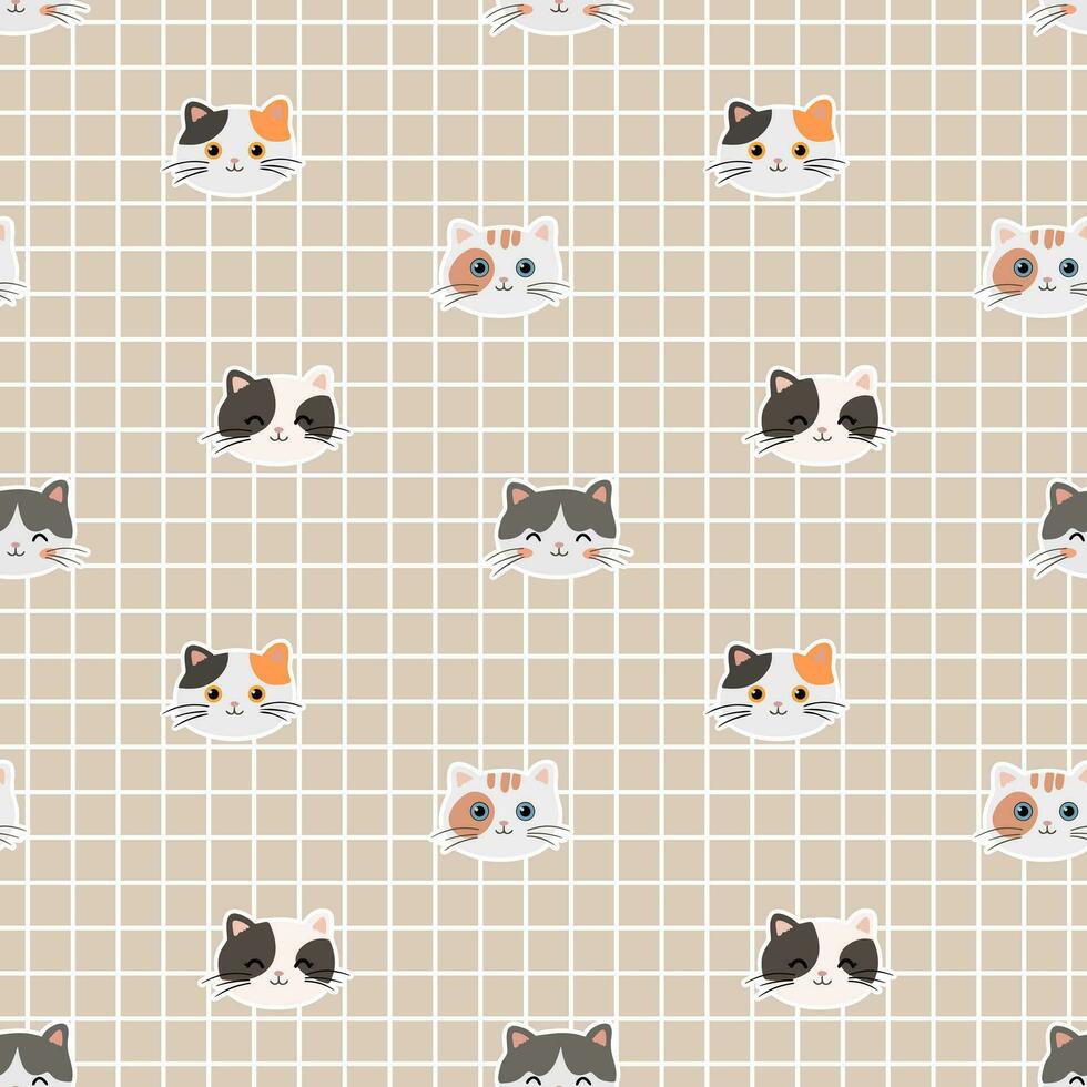 schattig patroon met katten Aan beige geruit achtergrond. vector naadloos structuur voor kinderen kleding stof, omhulsel papier, ontwerp.