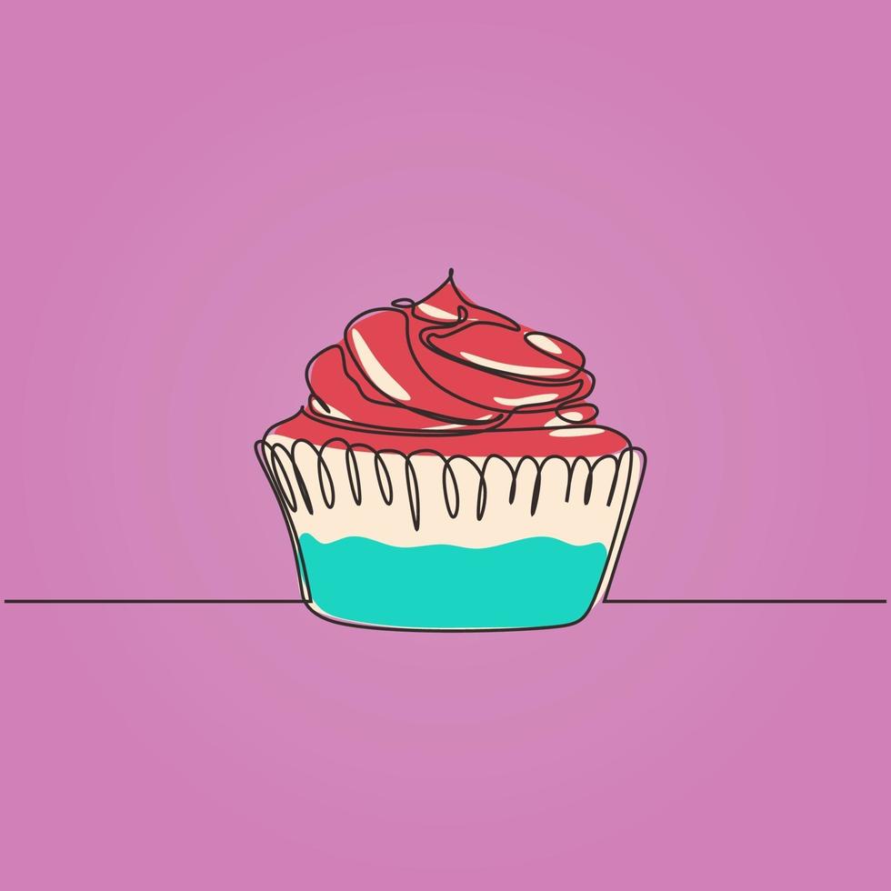 cupcake een doorlopende lijntekening vectorillustratie met kleuren. vector