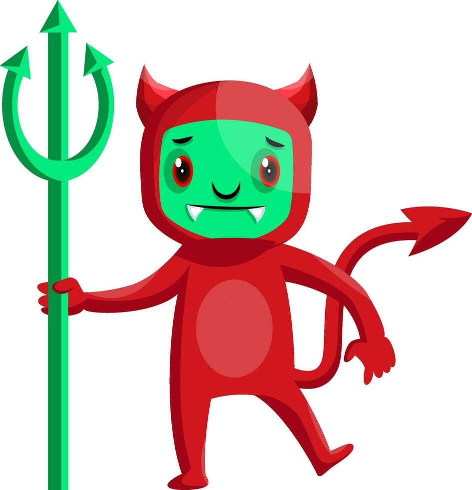 tekenfilm rood duivel met groen gezicht en drietand vector illustratie Aan wit achtergrond.