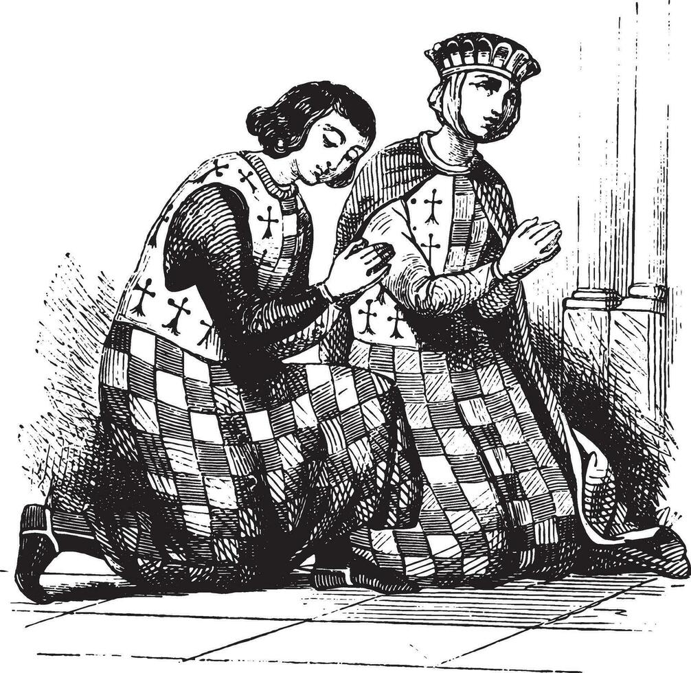 alix en Arthur van Bretagne, kostuums van Mens en vrouw heeft schaak bord, wijnoogst gravure. vector