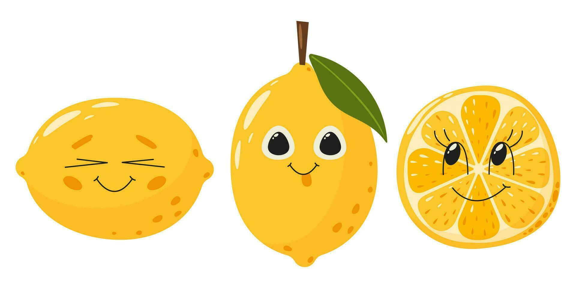 citroen fruit karakter met gezicht. zomer reeks vitamine vector illustratie geïsoleerd Aan wit. plak en geheel fruit
