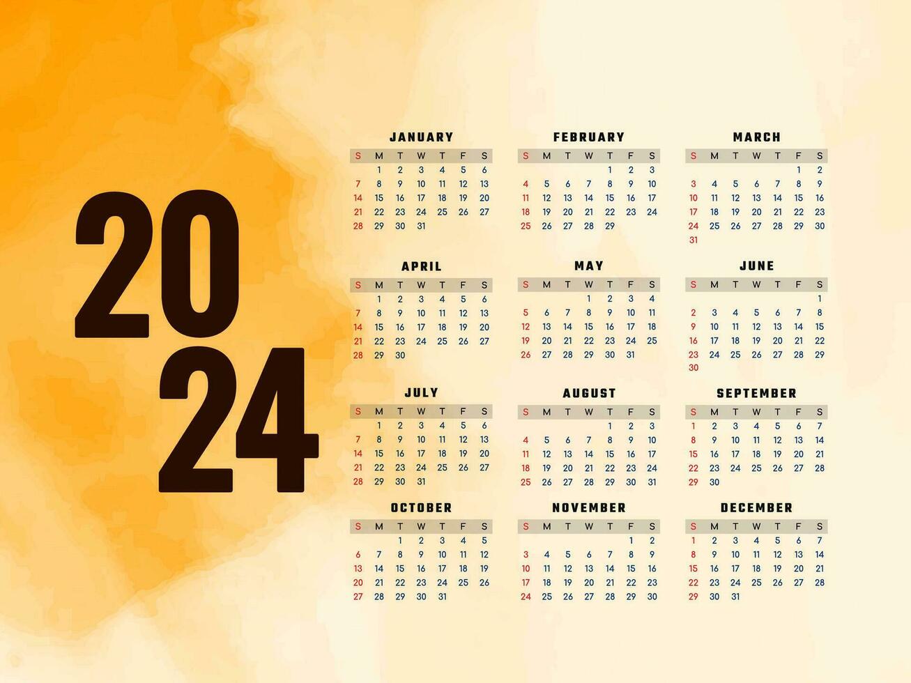 2024 nieuw jaar geel waterverf kalender ontwerp vector