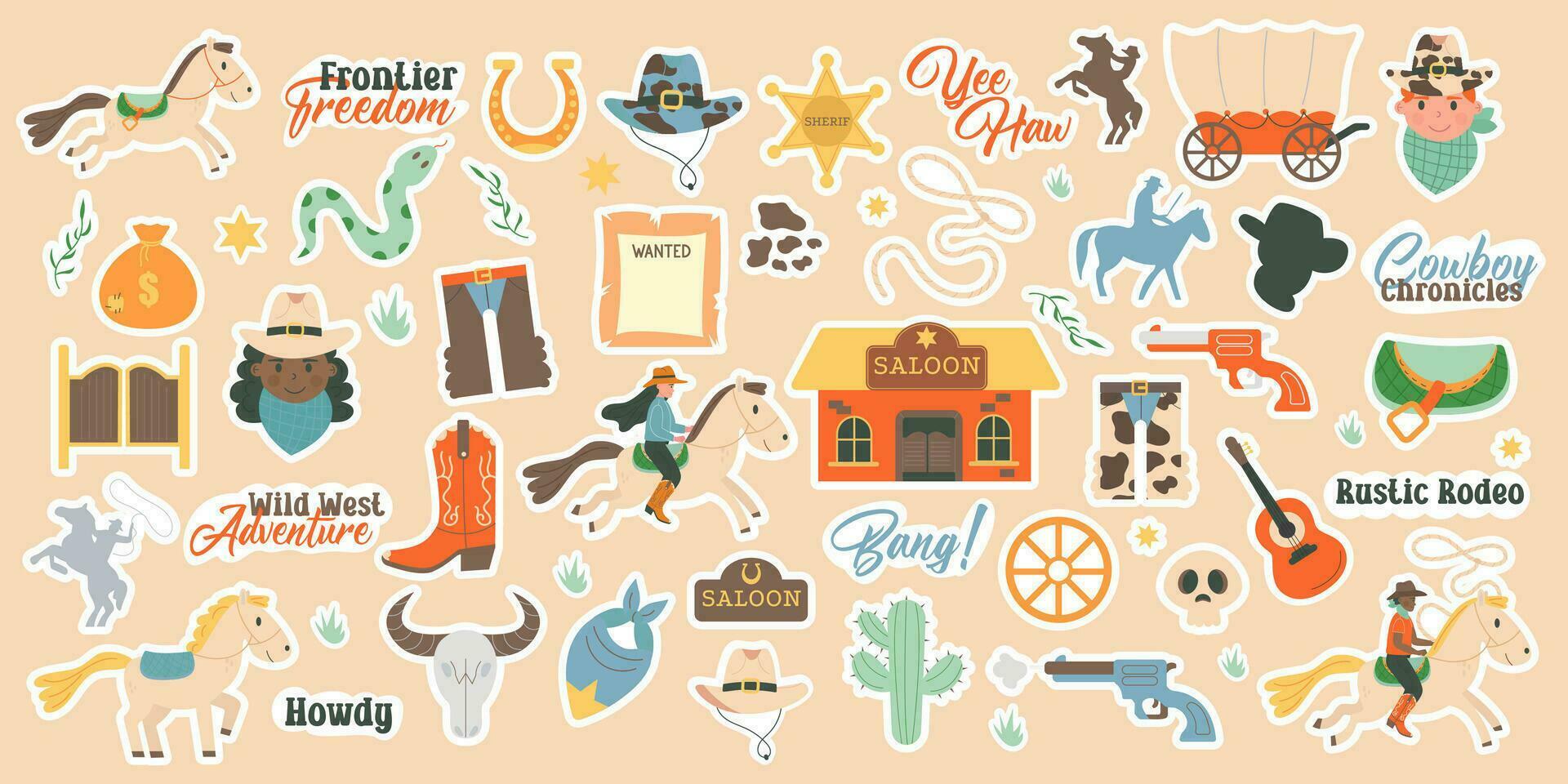 wild west reeks stickers. western elementen. vlak ontwerp reeks met cowboy laarzen handgeweer vector