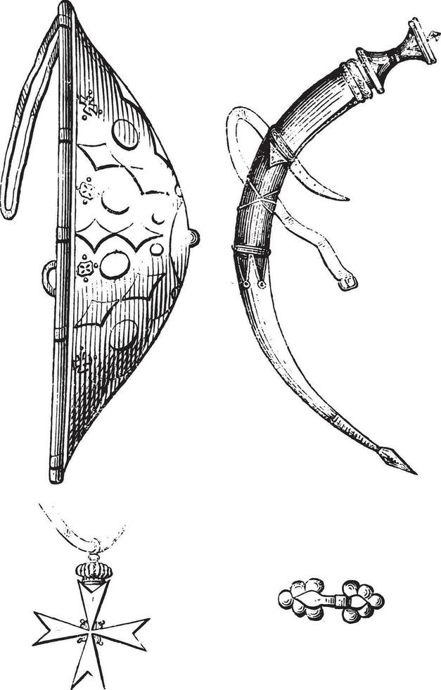 schild, zwaard, kruis, haak, deze adressen de koning van de Frans van de koning van shoa, wijnoogst gravure. vector