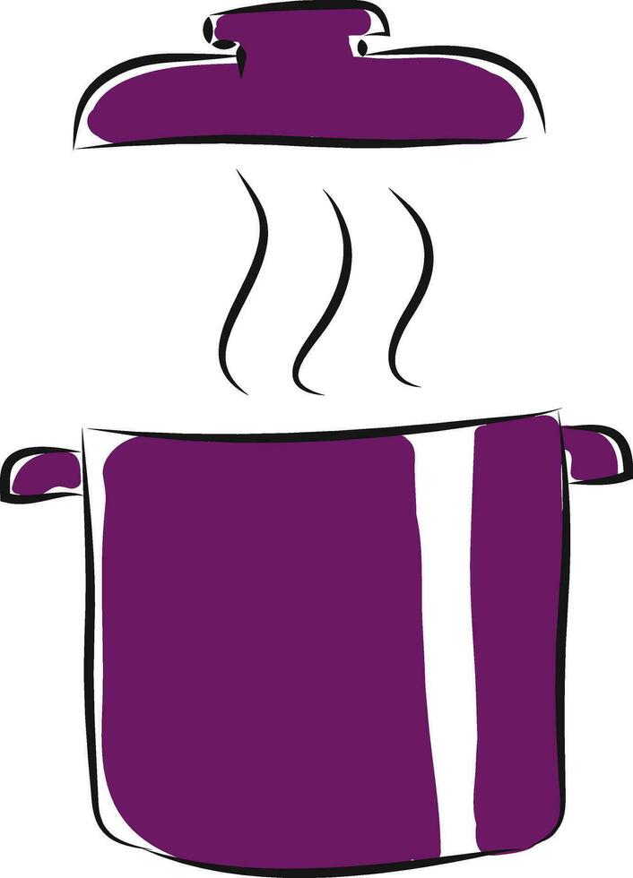 Purper pot met deksel en stoom, illustratie, vector Aan wit achtergrond.