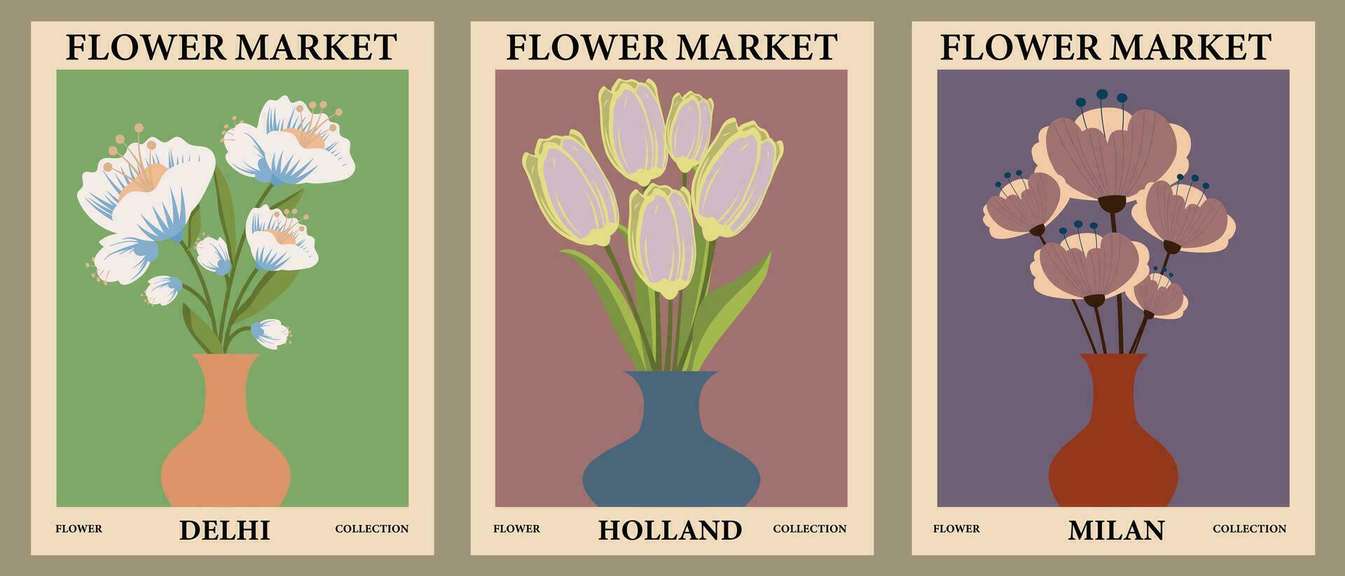 reeks van bloem markt posters in retro stijl. boeketten van bloemen in vazen. abstract bloemen illustratie. sjabloon voor kaarten, muur kunst, banier, achtergrond. vector illustratie.