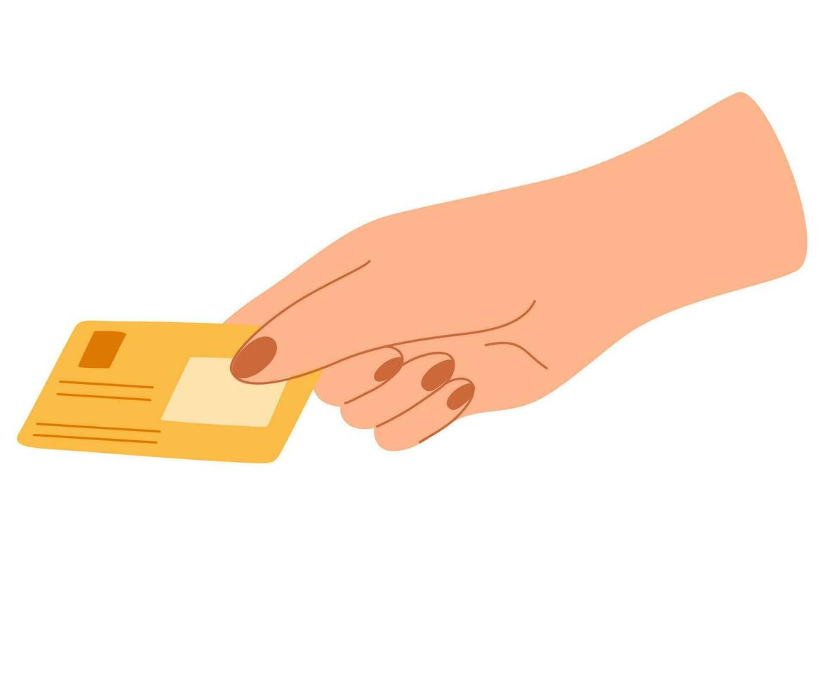 hand- Holding credit kaart of debiteren kaart. credit kaart geld financieel veiligheid voor online boodschappen doen of online betaling credit kaart met betaling bescherming. vector illustratie