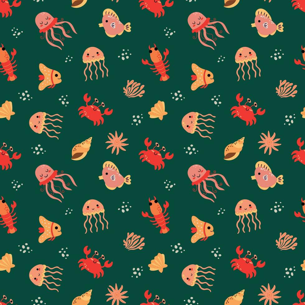 naadloos patroon met zee dieren. krabben, rivierkreeft, kwallen, vis. eindeloos ontwerp voor uw ontwerp. vector