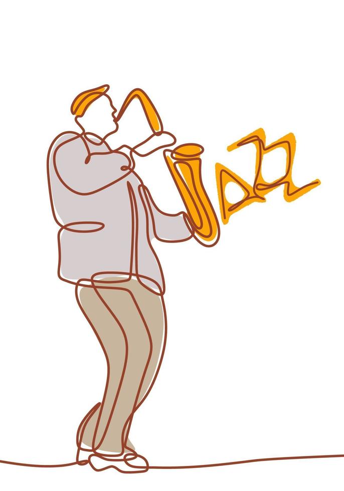 jazz saxofoon één lijntekening, saxofonist speelt muziekinstrument vector